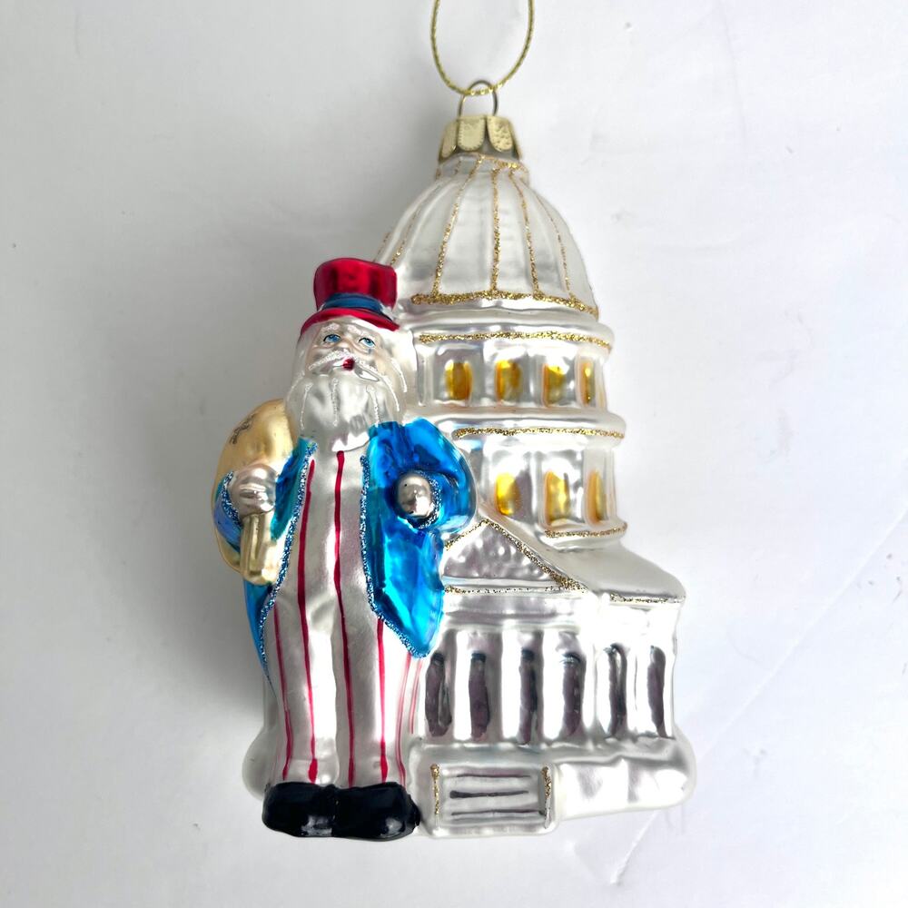 JS Blown Glass Uncle Same Santa U.S. Capitol Building 4.5" T Americana Patriotic